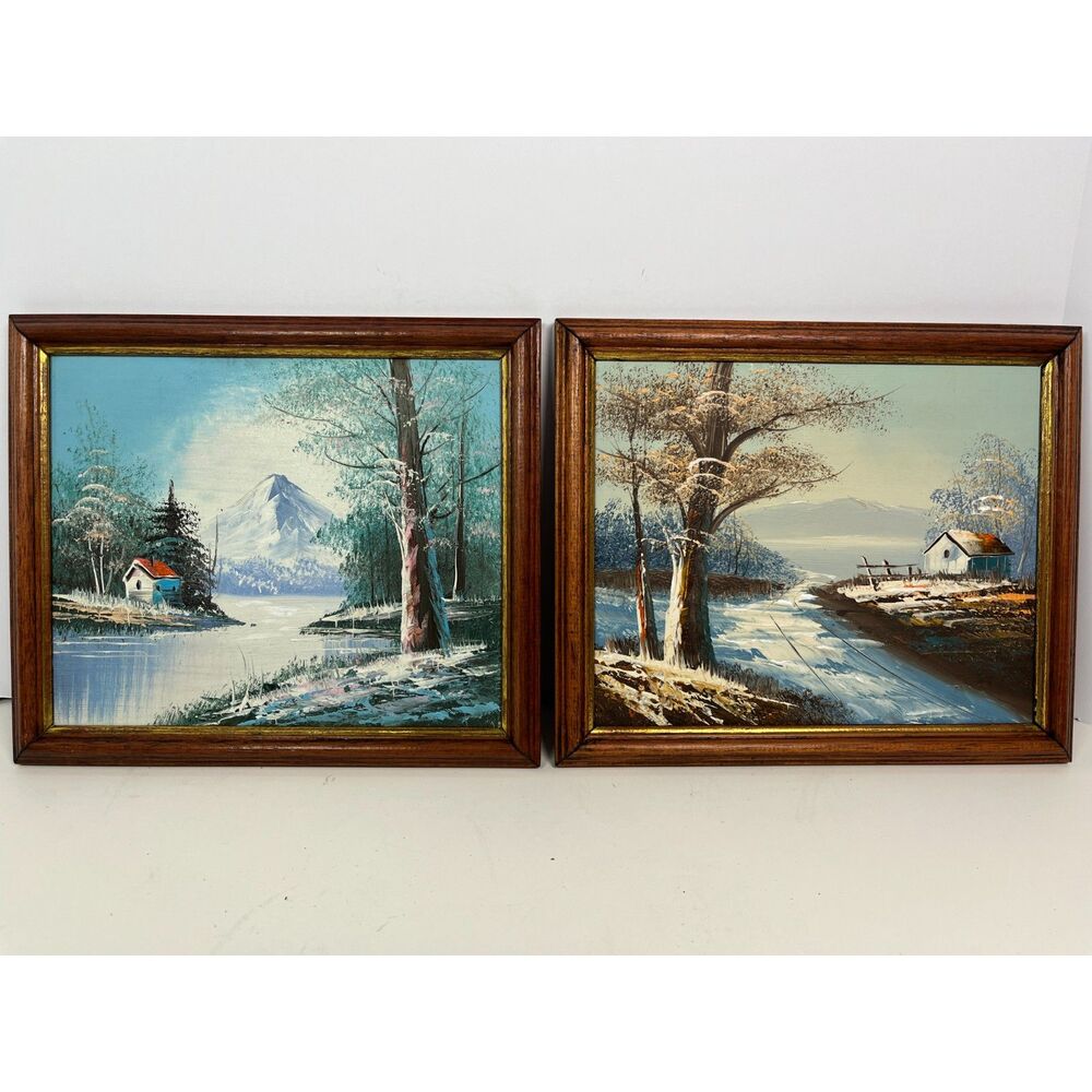 Vintage Pair Original Oil Paintings Winter Mountain Cabin Landscapes Rustic